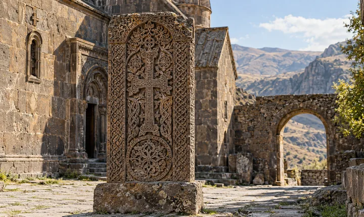 Carved Armenian khachkar cross-stone in a weathered monastery courtyard
