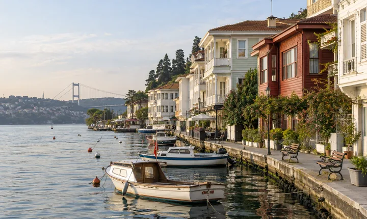 Colorful wooden houses beside the Bosphorus waterfront in Arnavutkoy