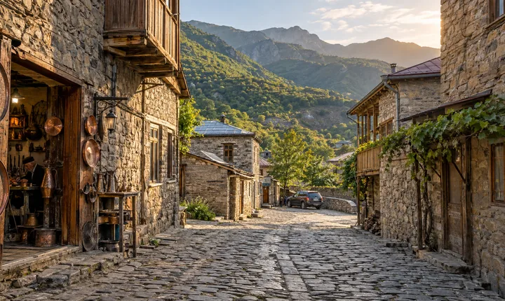 Stone houses and a cobbled lane in Lahij beneath the forested Caucasus mountains of Azerbaijan