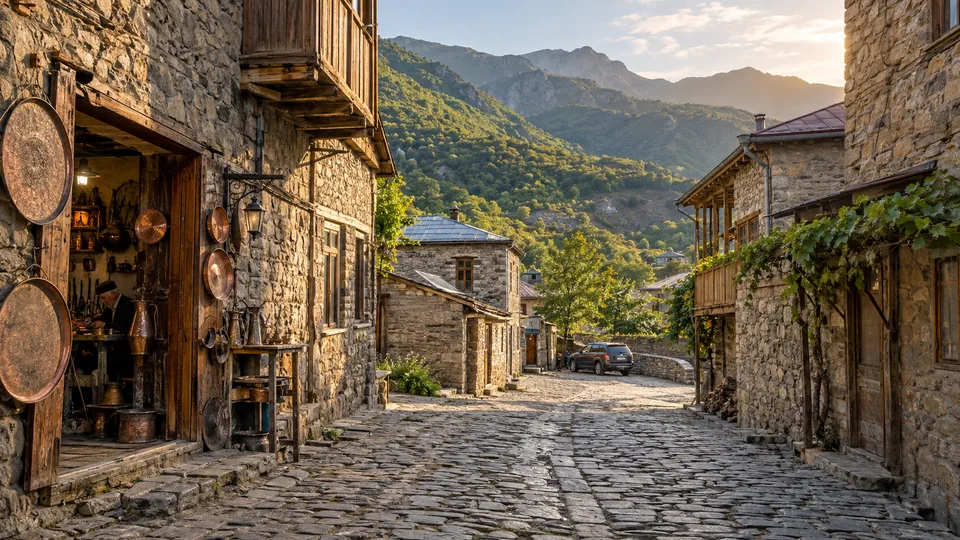 Stone houses and a cobbled lane in Lahij beneath the forested Caucasus mountains of Azerbaijan