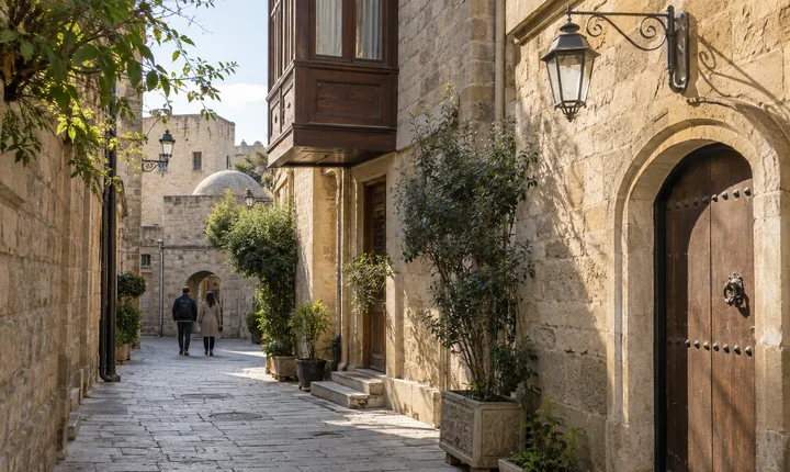 A quiet sandstone lane and doorway in Baku old city