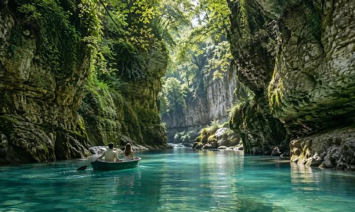A small boat floats between mossy limestone walls and trees in a blue-green Georgian canyon