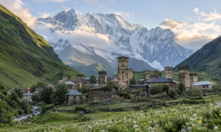 Medieval stone towers of Ushguli beneath the snowcapped peaks of Svaneti