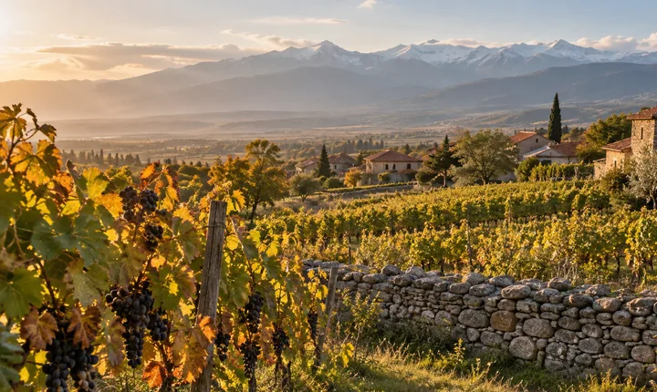 Golden autumn vineyard rows in Kakheti below the distant Caucasus mountains