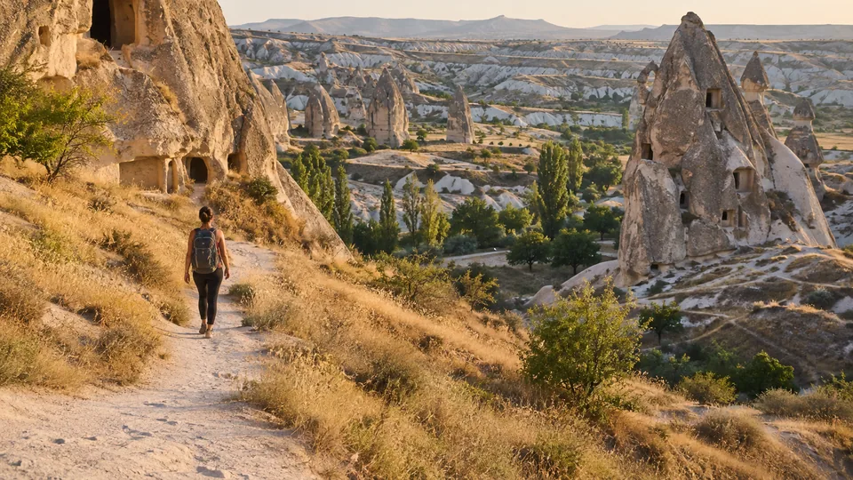 A hiker following a dusty path among Cappadocia rock formations