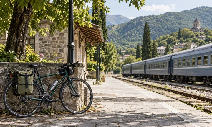 A touring bicycle beside a small railway stop with a passenger train and green hills beyond