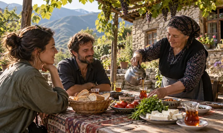 A guesthouse host pours tea for travelers at a garden table with bread, cheese and vegetables