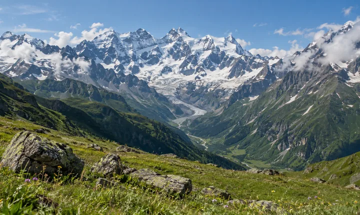 Snow-covered Caucasus peaks and a glacier above a summer alpine meadow