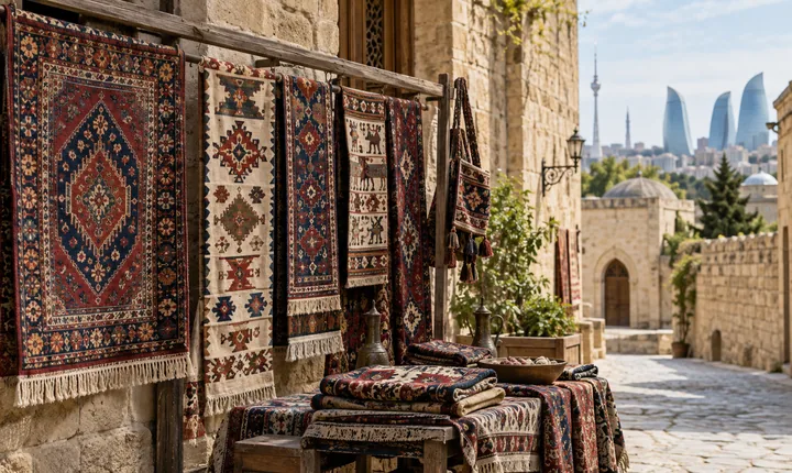 Wool carpets and patterned kilims displayed beside honey-colored stone walls at a textile stall