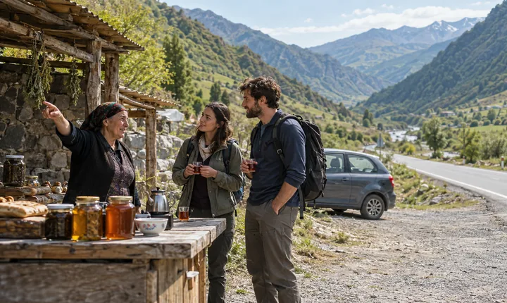 Travelers stopping for tea and directions beside a paved road in a green Caucasus valley