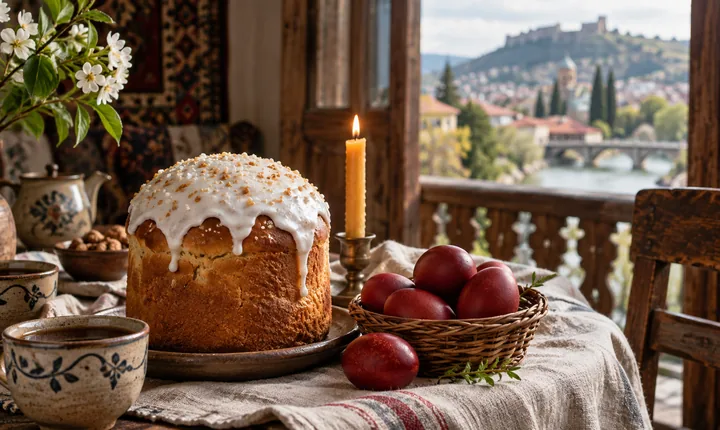 Paska bread and red dyed eggs on a linen-covered Georgian Easter table