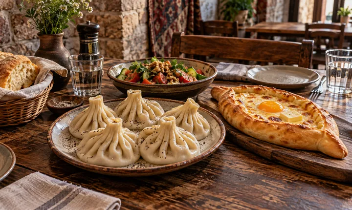 Khinkali dumplings, Adjarian khachapuri and fresh salad on a Georgian restaurant table