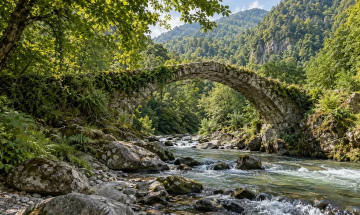 An old stone arch bridge crosses a rocky river surrounded by lush Adjara forest