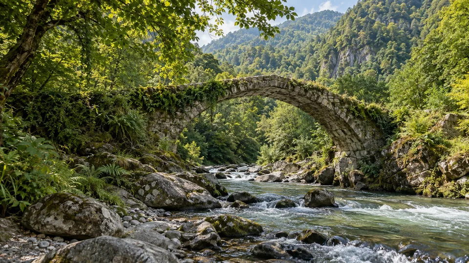 An old stone arch bridge crosses a rocky river surrounded by lush Adjara forest
