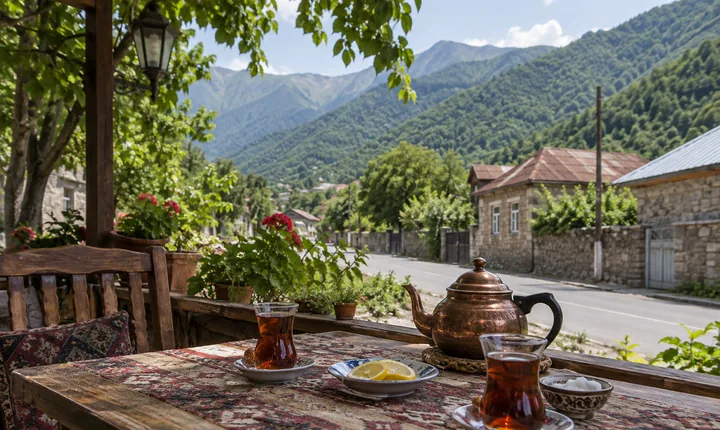 A roadside tea table overlooking green foothills in Azerbaijan