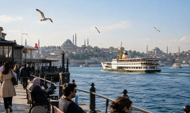 A Bosphorus ferry with Istanbul old city skyline beyond
