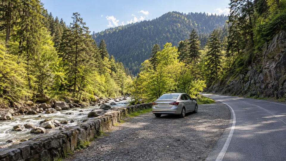 A silver sedan at a pull-off beside a paved road through a wooded Georgian river valley