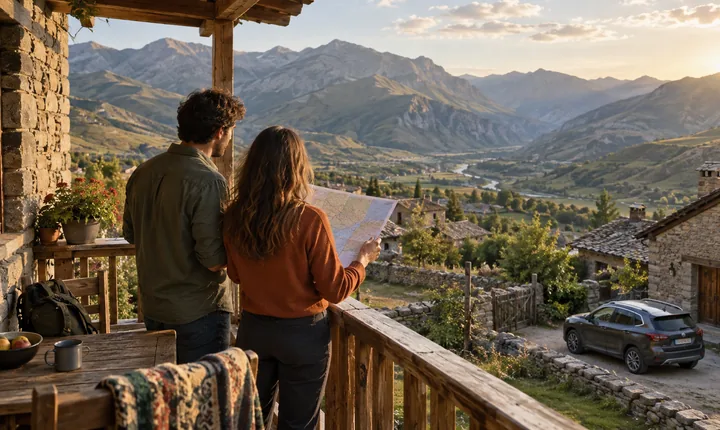 Travelers planning a route from a guesthouse balcony overlooking a Caucasus highland valley