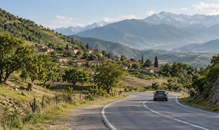 A paved road winding through Caucasus foothills past village houses and walnut trees