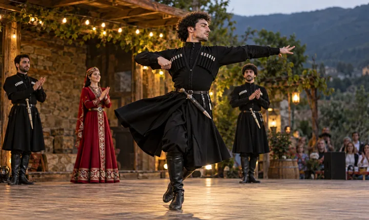 Georgian dancers in traditional costumes perform on a warmly lit outdoor stage
