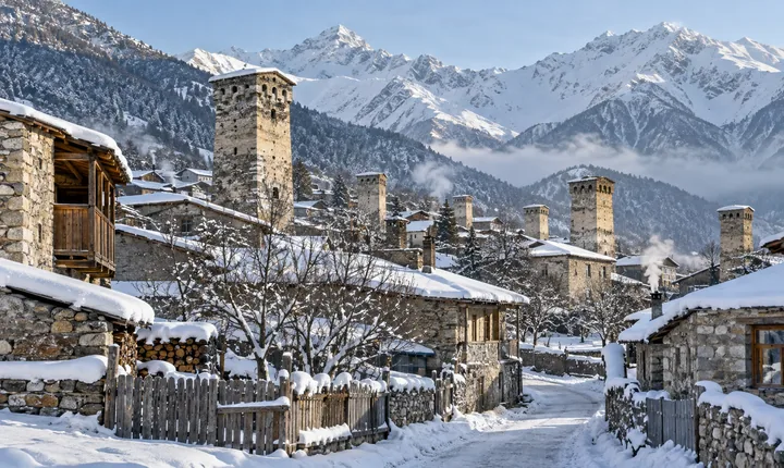 Snow-covered houses and medieval stone towers in Mestia below the winter Caucasus mountains