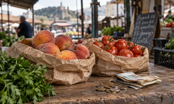 Fresh produce, coins and folded cash on a market counter in Tbilisi