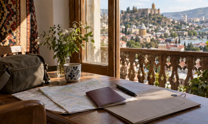A passport, document folder and folded map prepared beside a Tbilisi guesthouse window