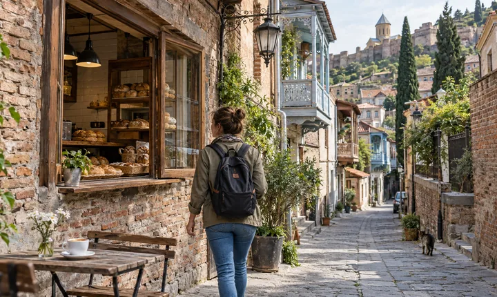 A traveler with a daypack walks past a bakery in Tbilisi's historic streets