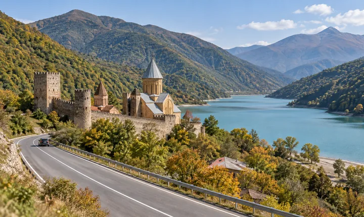 Ananuri fortress beside Zhinvali Reservoir and a curving section of the Georgian Military Highway