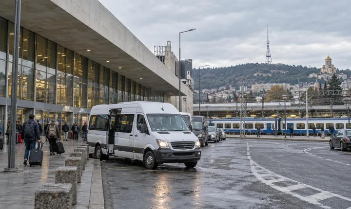 A passenger minibus waits outside a Georgian railway station as travelers pass