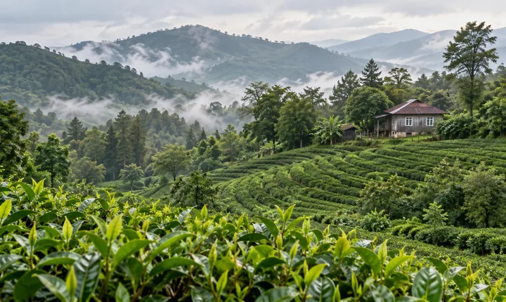 Curving tea-bush rows cover the misty green hills of Guria in western Georgia