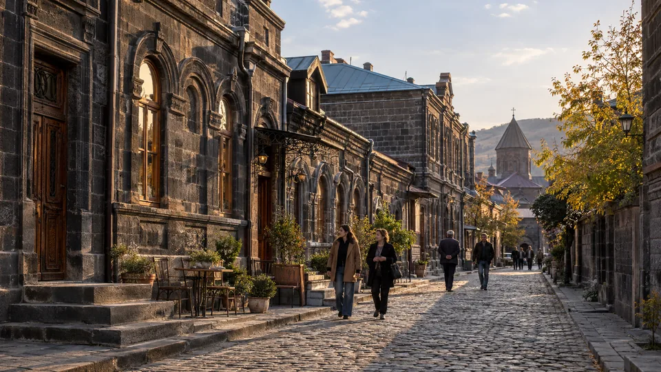 Historic black tuff-stone houses along a cobbled street in Gyumri