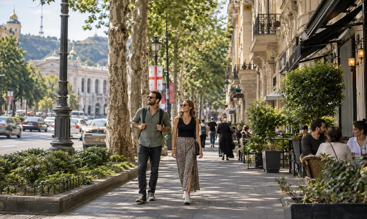 Travelers stroll along a leafy sidewalk beside Tbilisi's stone buildings and cafés