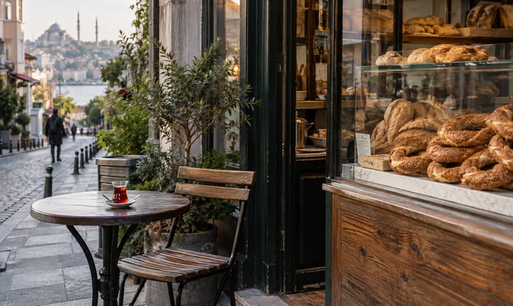 Simit bread and tea at a small neighborhood bakery in Istanbul