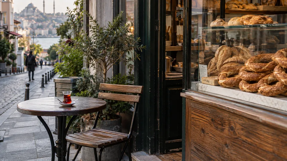 Simit bread and tea at a small neighborhood bakery in Istanbul