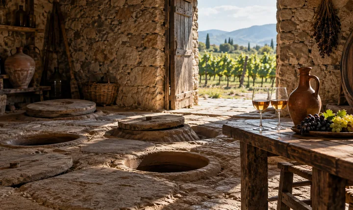 Clay qvevri wine vessels and a tasting table in a traditional Kakheti marani cellar