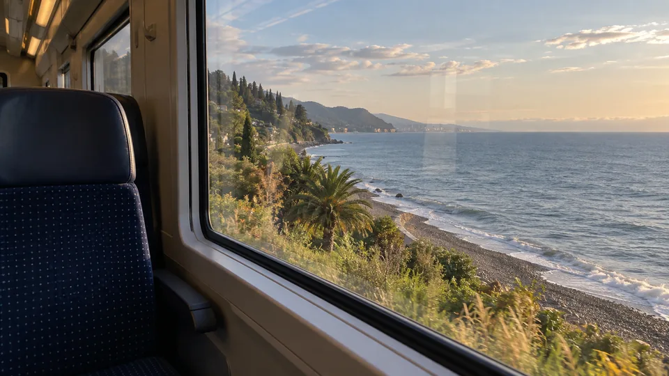 An empty train window seat overlooks the Black Sea and a pebbled Georgian shoreline