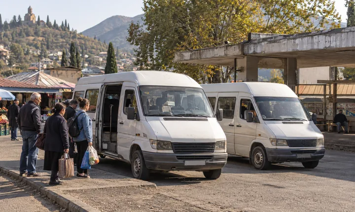 Passenger minivans and waiting travelers at a modest Georgian transport station