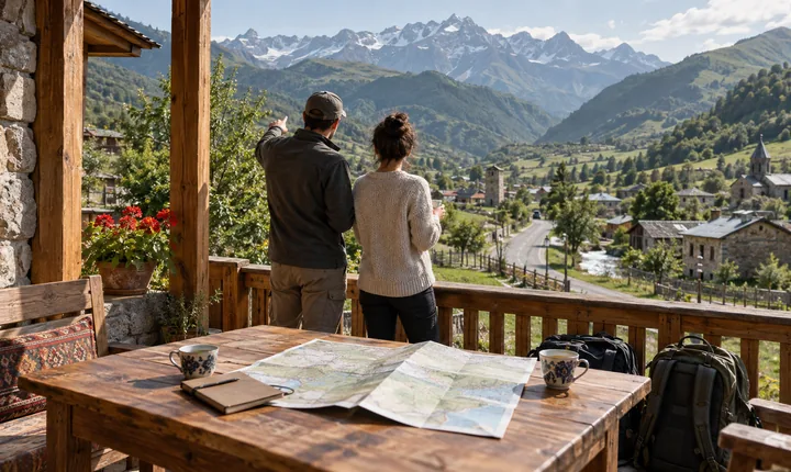 Travel map and tea cups on a guesthouse terrace overlooking a Caucasus valley road