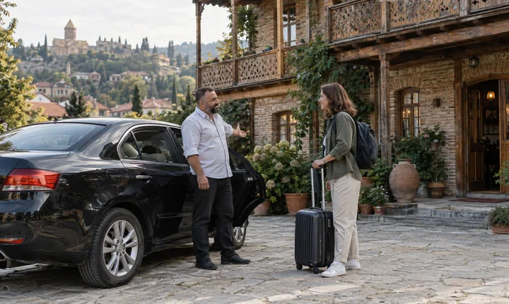 A driver greets a traveler with a suitcase beside a parked sedan outside a Georgian guesthouse