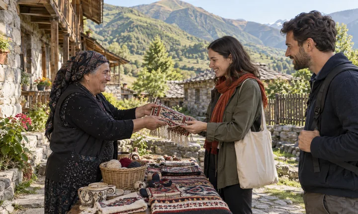 A visitor buying a handmade woven item from a village artisan in the South Caucasus