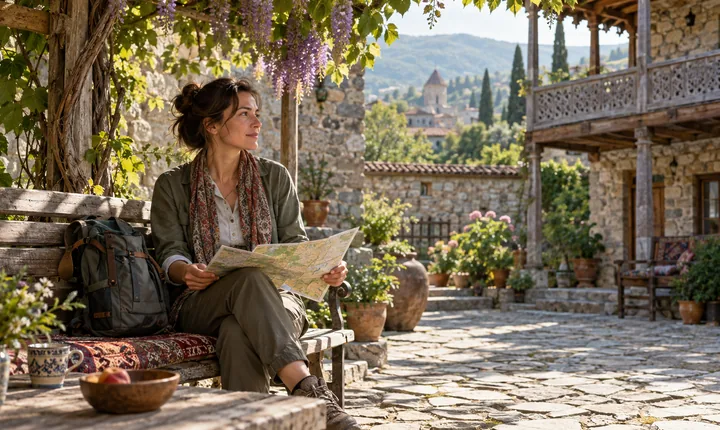 A solo traveler studies a map on a shaded bench in a Georgian guesthouse courtyard
