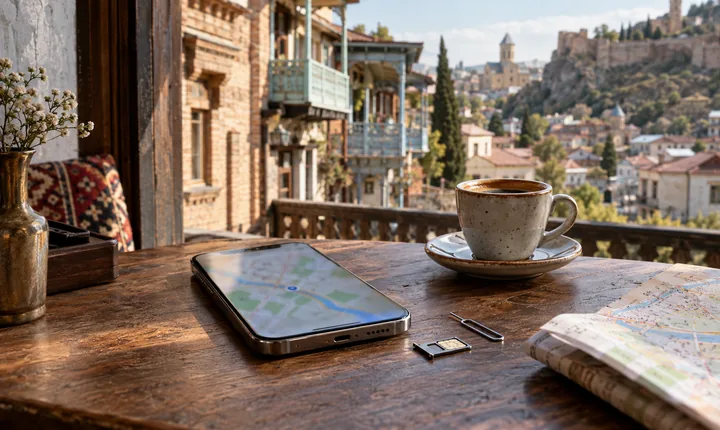 A smartphone, SIM tray and ejector pin beside coffee on a Tbilisi café table