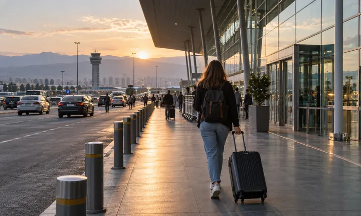 A traveler rolls a suitcase outside a glass-front airport arrivals terminal at dawn
