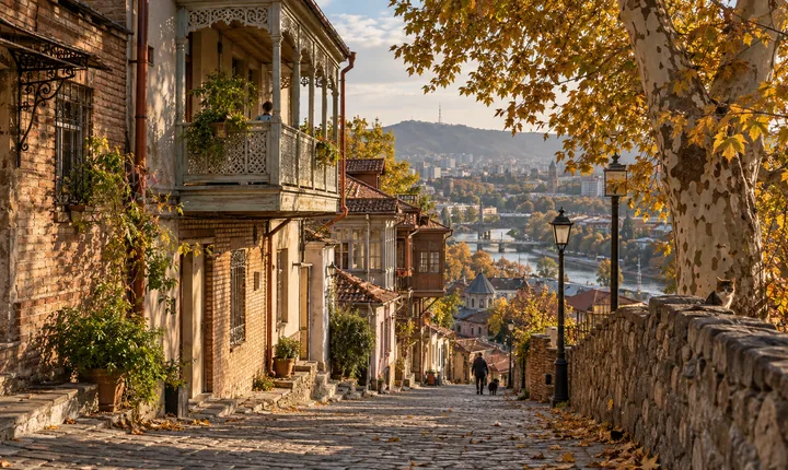 Autumn leaves and warm afternoon light along an old-town lane with wooden balconies in Tbilisi