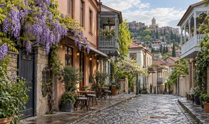 Fresh blossoms and wooden balconies along a cobbled Old Town street in Tbilisi
