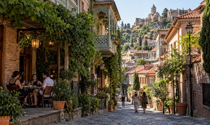 Shaded old-town street and cafe terrace beneath wooden balconies in Tbilisi on a sunny summer day