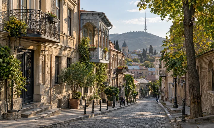 A quiet sloping Tbilisi street lined with weathered façades and ornate balconies