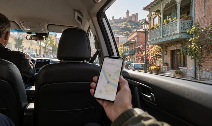 A passenger checks a phone map from a parked taxi beside Tbilisi's historic buildings