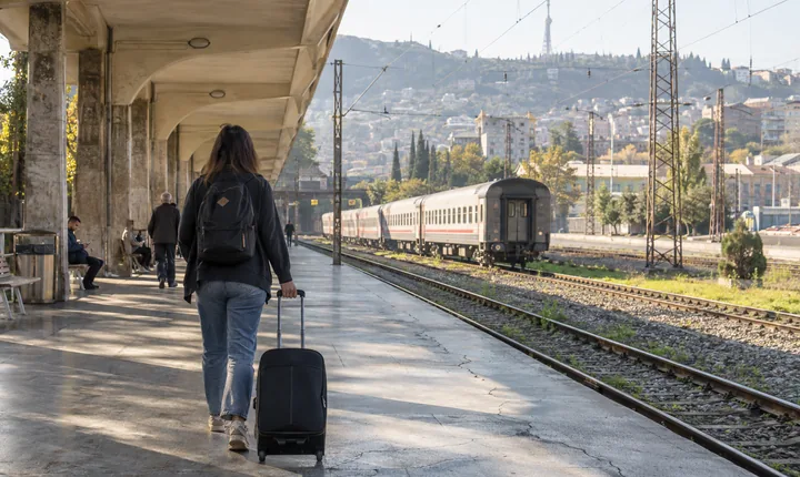 A traveler with luggage on a railway platform in Tbilisi